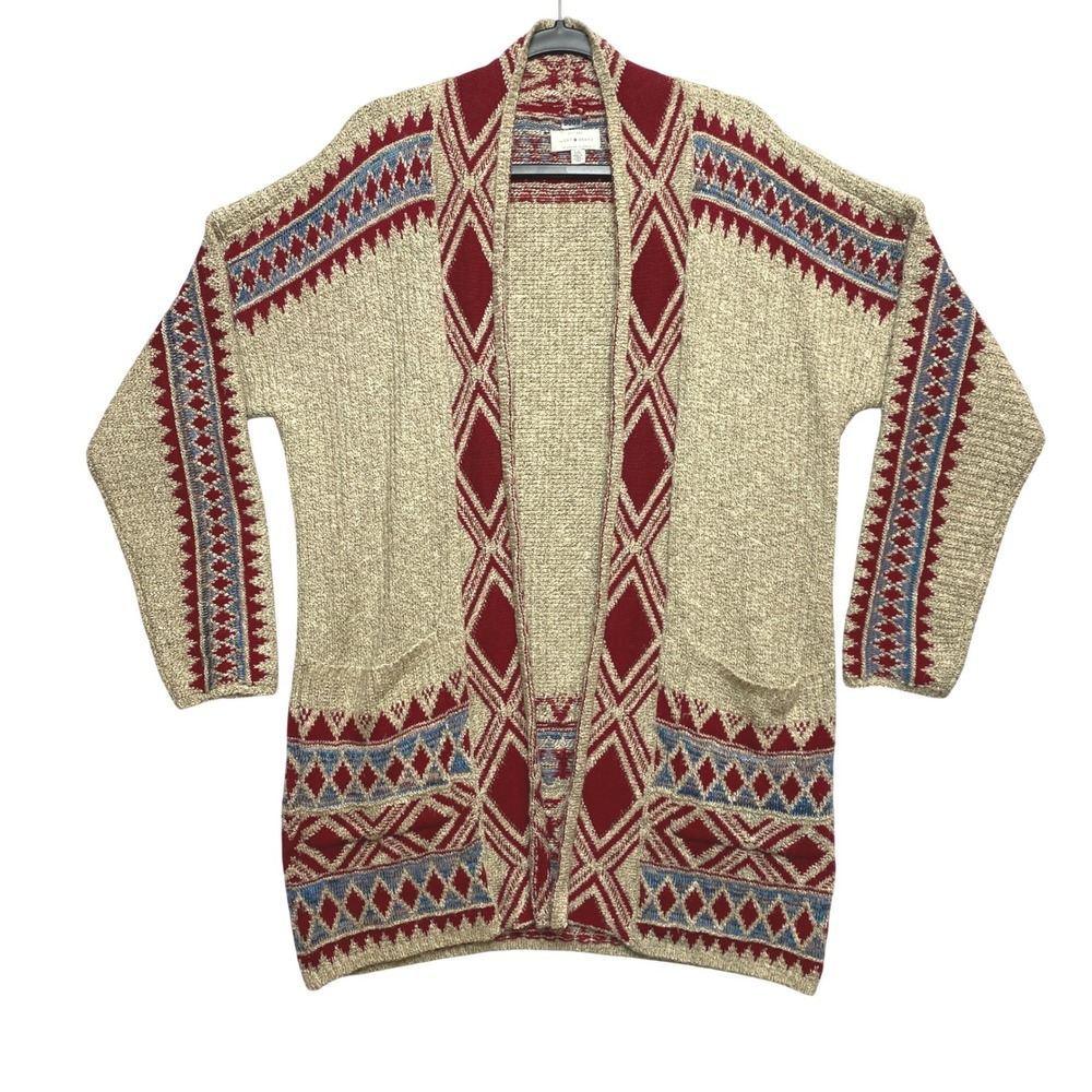 Lucky Brand Cardigan Womens L Tan Aztec Southwestern Sweater Open Front Longline